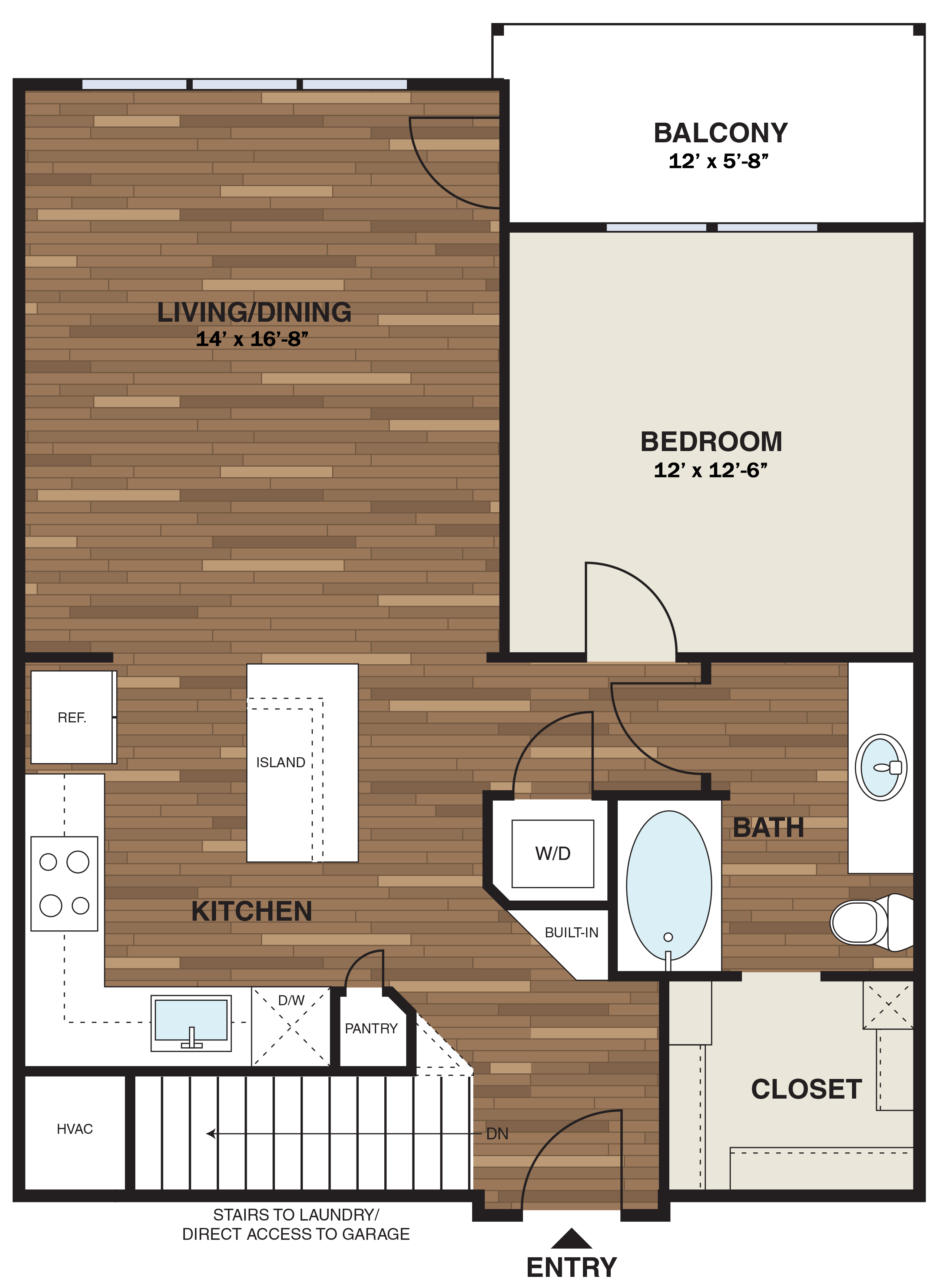 Floor plan for 1 bed, 1 bath, 799 sqft
